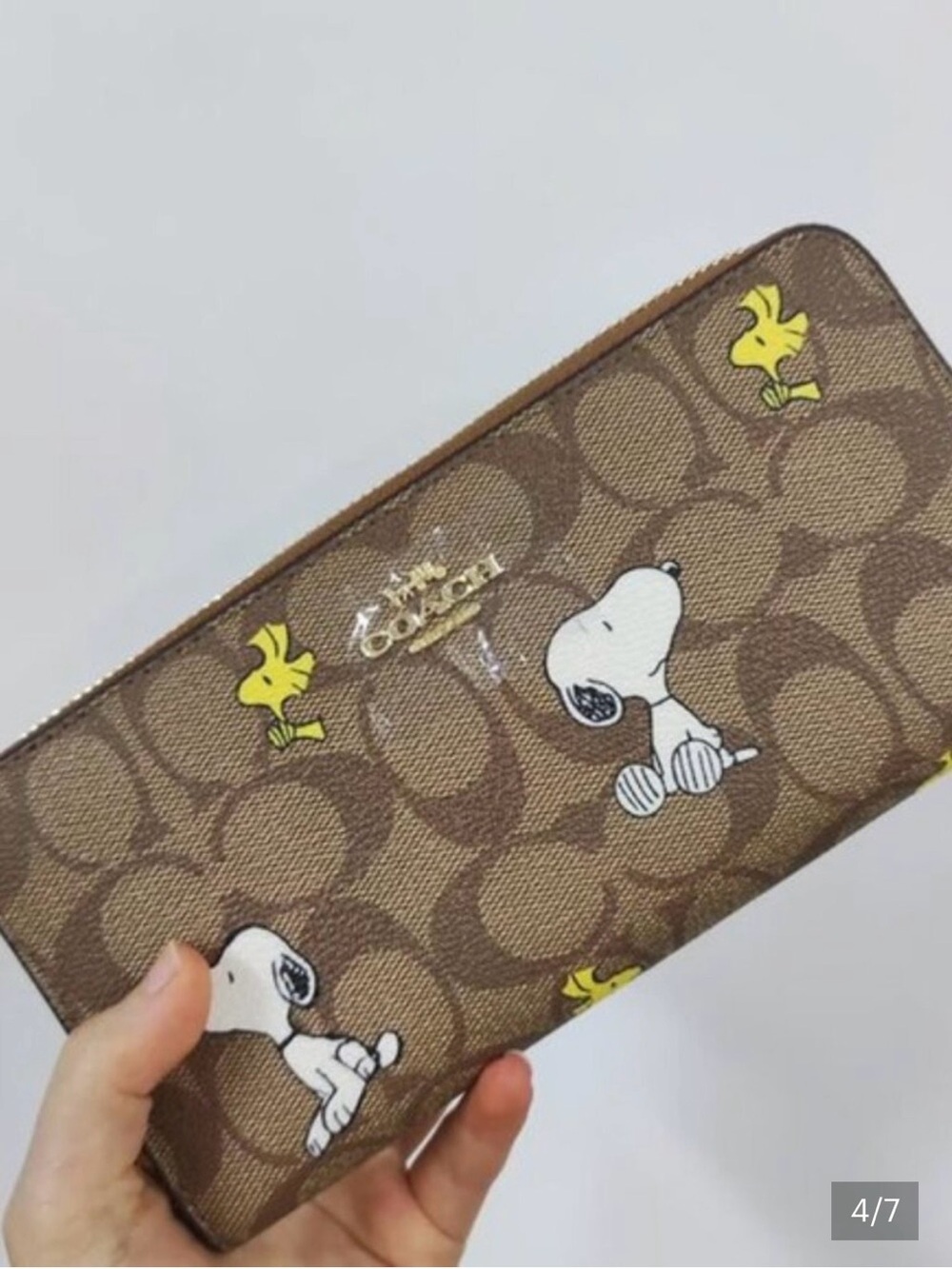 NWOT COACH Brown Signature Zip Wallet with Snoopy & Yellow Woodstock